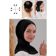 Melodi Scarf Kadın Tesettür Çıtçıtlı Şal Bone İç Başörtüsü Topuz Tokası Seti Siyah