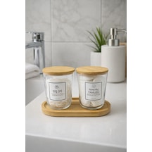 Marlin - 2'li Bambu Kapaklı Standlı Banyo Cam Kavanoz Seti Dekoratif Banyo Düzenleyici 315 Cc Şeffaf