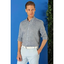 Efor Comfort Fit Düğmeli Yaka %100 Keten Apoletli Casual Lacivert Gömlek G 1564 Lacivert