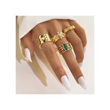 Crown 4 Adet Gold Renkli Yeşil Taşlı Retro & Vintage Tasarım Çoklu Altın Yüzük Seti