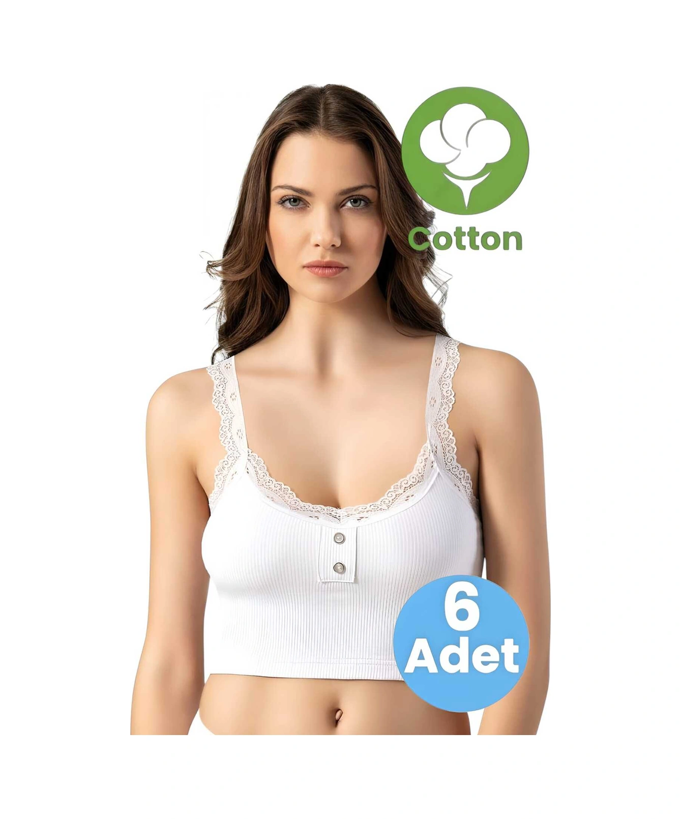 Tezzgelsin Kadın 6'lı Dantel Askı Düğme Detaylı Kaşkorse Pedli Crop Büstiyer Beyaz