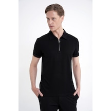 Efor Slim Fit Esnek Pamuklu Fermuarlı Siyah Polo Yaka Tişört Ts 926