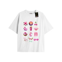 Flood Of Style Beyaz Oversize T-shirt Emoji Pink Özel Tasarım