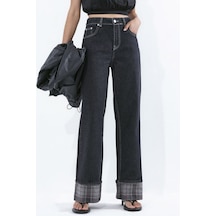 Hiccup Paça Ekose Detaylı Yüksek Bel Wide Leg Jeans Siyah