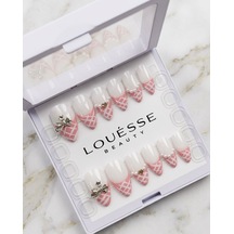 Louésse Pink Pearl Ribbon Takma Tırnak 12 Li Pembe Beyaz İnci Kurdeleli Sweet Nail
