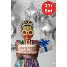 Gold Happy Birthday Simli Doğum Günü Taç Ve Gözlük Seti 2 Li Parti Aksesuarı Fotoğraf Konsepti