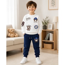 Eray Alp Kids Erkek Çocuk Ayıcık Baskılı Sweatshirt Eşofman Takımı Günlük Rahat Kombin Lacivert