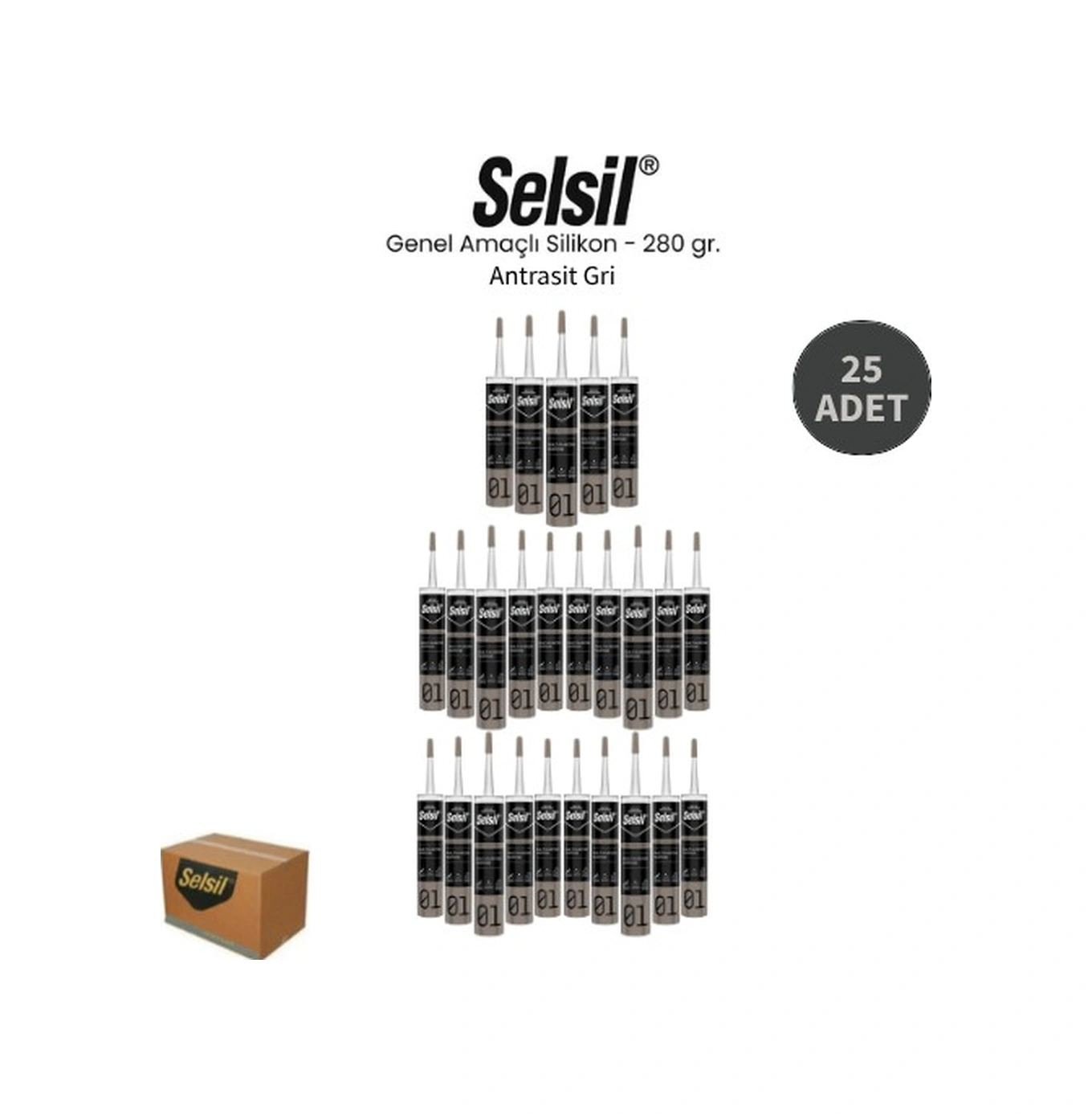 Selsil Genel Amaçlı Antrasit Gri Silikon 280 Gr. 25 Adet Antrasit Gri