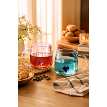 Porsima Pbt-707 Dream Love Hearts - 400ml Romantik Kalp Tasarımlı 2'li Renkli Borosilikat Cam Kupa Seti Şeffaf