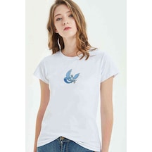 Mavi Kuş Pokemon Karakter Çizimi Articuno Baskılı Beyaz Kadın Ts