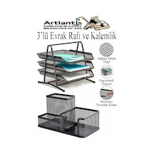 Siyah Metal Evrak Rafı 3 Lü Ve Masaüstü Kalemlik 1 Paket Masaüstü A4 Dosya 3 Katlı Düzenleyici Kağıt Tepsisi Metal Siyah