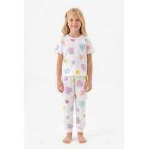 Bunny Hopp Renkli Çiçek Desenli Kısa Kollu Kız Çocuk Pijama Takımı - Pamuklu Beyaz Takım 12 - 13 Yaş