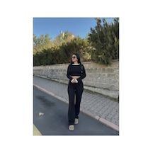 Genel Markalar Kadın Siyah Beyaz Detaylı Fitilli Uzun Kol Bluz Bol Paça Pantolon Alt-üst Takım Siyah - 765939648 Siyah
