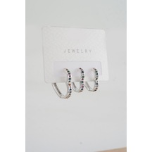 By Zeyna Aksesuar Kadın Vip Seri Zirkon Taşlı 3'lü Küpe-4604 Gümüş