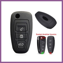 Bezos Ford Focus Mondeo Fiesta Kuga Katlanır Anahtar Uyumlu Silikon Oto Anahtar Kumanda Kabı Kılıf Siyah Rengaren