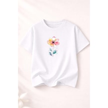 Herkesemoda Renkli Çiçek Baskı Detaylı Kadın Bisiklet Yaka Pamuklu T-shirt Beyaz