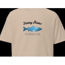 Wildstyle Fishing Addict Struggle Is Reel Balıkçılık Esprili Baskılı Unisex Bisiklet Yaka Pamuklu Tişört Camel