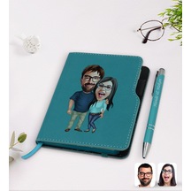 Kişiye Özel Sevgililer Karikatürlü Turkuaz Termo Deri Defter Kale N11.3576