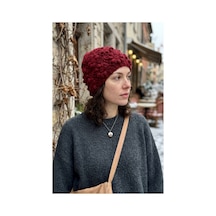 Emybox El Örgüsü Siyah Kadın Bere Tığ İşi Çiçek Motifli Bohem Kışlık Şapka - Vintage Stil Yumuşak Örgü Bere Modeli Bordo