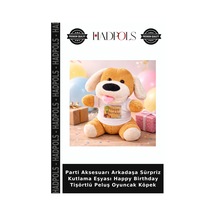 Parti Aksesuarı Arkadaşa Sürpriz Kutlama Eşyası Happy Birthday Tişörtlü Peluş Oyuncak Köpek Hardal Rengi