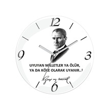 Atatürk Uyuyan Milletler Sessiz Bombeli Gerçek Cam Duvar Saati Beyaz - Siyah