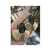 Yeşil Sim Detaylı Yelpaze Model Küpe Altın