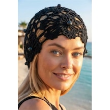 Uniquetrenders Kadın İnci İşlemeli Örgü Bere File Dokulu Bohem Plaj Ve Yazlık Bandana Siyah