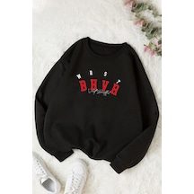 Unisex Bhvr Baskılı Bisiklet Yaka Sweatshirt Siyah