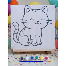 Çocuklar İçin Tuval Boyama Seti Kedi Mod2 19x19 Cm Tuval, Şövale, Fırça Ve 6 Renk Akrilik Boya Seti