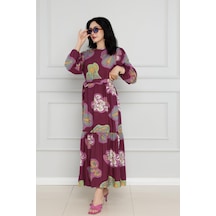 Sevitli Desenli Kuşaklı Viscon Elbise-bordo-4105-bordo Bordo