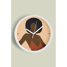 Afro Stil Kadın Minimalist Modern Duvar Saati - 42cm - Önü Camlı Beyaz Kasa - Sessiz Mekanizma Beyaz