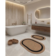 Senza Atelier Modern Hasır Dokulu Banyo Seti - 2 Adet Oval Paspas & 2 Adet Düzenleyici Sepet - Hasır Siyah