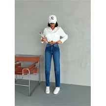 Zeo Basic Likralı Mom Jean Koyu Mavi Taşlamalı Koyu Mavi Taşlamalı