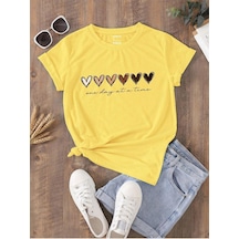 Renkli Kalpli Süprem T-shirt - Baskılı Oversize Bisiklet Yaka Kısa Kol Tişört Sarı-74822