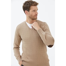 Süet Garnili Saç Örgülü Triko Kazak - Kamel 001