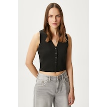 Ritnice Kadın Petite Çıtçıtlı Crop Siyah Triko Yelek Siyah