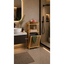 Bambu Çamaşır Sepeti, Raflı Ve Kapaklı, Çıkarılabilir Bezli, Banyo Organizeri, 40x30x95 Cm Çok Renkli