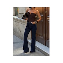 Meecy Kadın Koyu Mavi Yüksek Bel Flare Bootcut Denim Pantolon Lacivert Lacivert