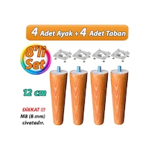Ahşap Ayak 12 Cm 8'li Set Açık Meşe M8 Civatalı Bağlantı Aparatlı Dolap Mobilya Koltuk Kanepe Destek Ayağı Ayakları Açık Meşe
