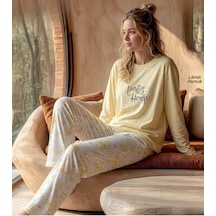 Pijamoni Kadın Likralı Pamuklu Bisiklet Yaka Uzun Kol İnce Pijama Takımı 1300/1 - 1 Adet Sarı