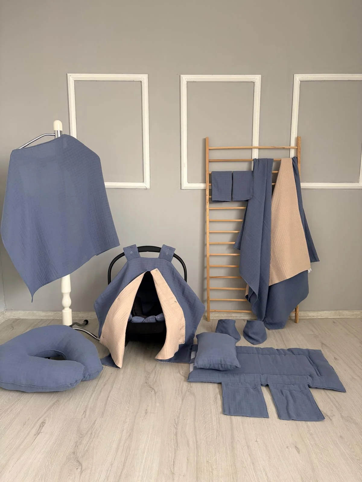 % 100 Pamuk 12 Parça Çift Taraflı Muslin Set İndigo Müslin Kahve Pike