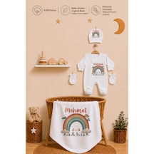 Pia Baby Erkek Bebek 4 Parça Tulum Seti %100 Pamuk İsim Baskılı Kişiye Özel Hastane Çıkışı Battaniyeli 1083btyx Krem