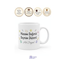 İsme Özel Masam Dağınık Beynim Düzenli Yazılı Kupa Bardak Hediye Beyaz / Çok Renkli
