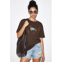 Shade Kadın Bisiklet Yaka Nakış Ve Boncuk İşlemeli Oversize T-shirt 2221 60286122 - Kahverengi