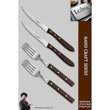 Lazbisa Mtf-063 Hand Caft Serisi Steak Et Yemek Kahvaltı Çatalı 4 Lü Set Mutfak Bıçak Seti Ahşap
