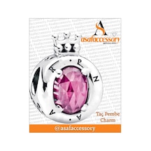 Taşlı Taç Pembe Charm Gümüş Kaplama