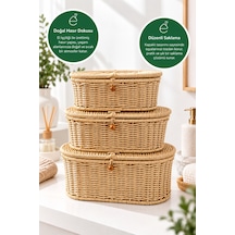 3'lü Kapaklı Rattan Organizer Sepet Seti Hasır Görünümlü Dekoratif Saklama Kutusu Oval Kahverengi