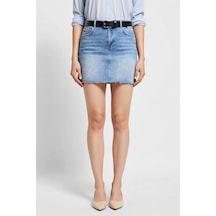 Benerly Kadın Mini Denim Etek A-line Kesim Yüksek Bel Fermuarlı Cepli Rah Açık Mavi