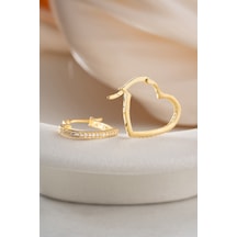 925 Ayar Gümüş Gold Kaplama Zirkon Taşlı Kalp Model Küpe Altın