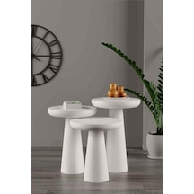 Ahşap Mantar Sehpa 3 Lü Set Beyaz Renk Masif Doğal Fiskos Sehpa Zigon Takımı - Side Table Beyaz
